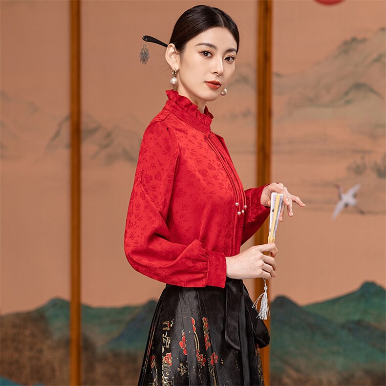 芷墨复古拼接纯色打底衬衫新中式复古百搭设计感上衣显高显瘦女,女装衬衫,芷墨服饰