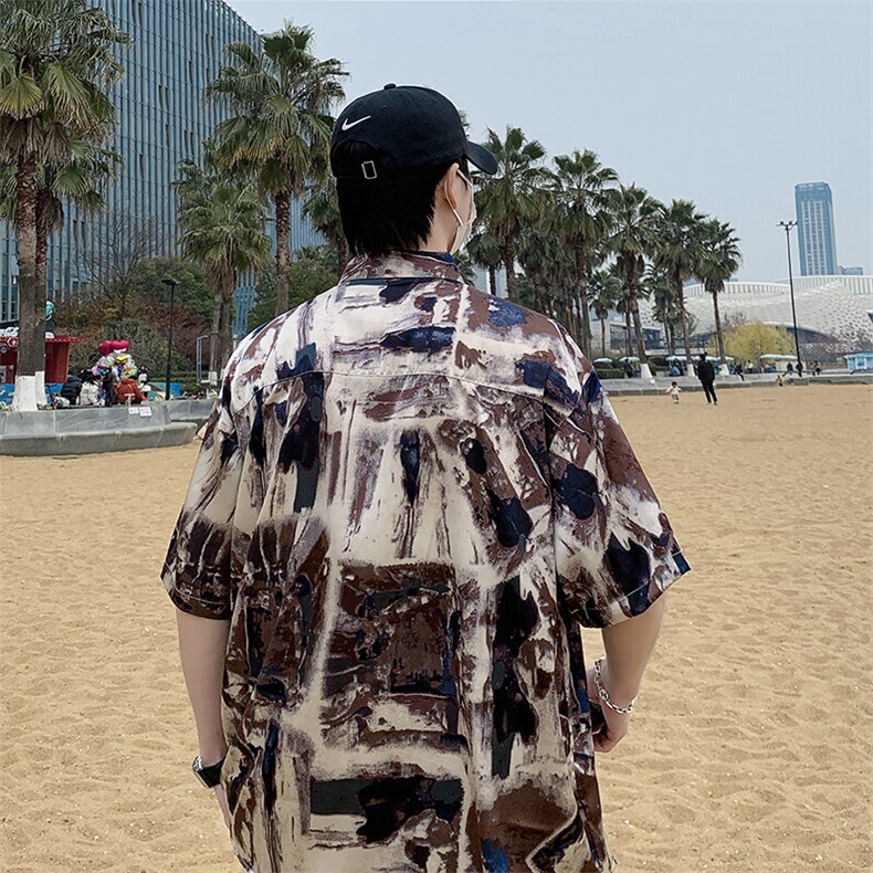 沙滩景宽松港风休闲潮短袖衬衫男装渐变清凉花衬衣7237P40,男装衬衫,电商A056