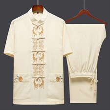 2023夏季新款唐装男士风套装短袖中年复古盘扣宽松舒适两件套，男装民族服装，电商B212（原钱塘6029）