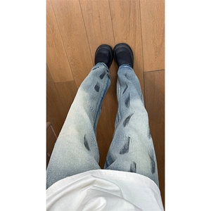 现货 美式高街泼墨做旧牛仔裤男女复古刮烂破洞微喇裤 K5915-P50图片
