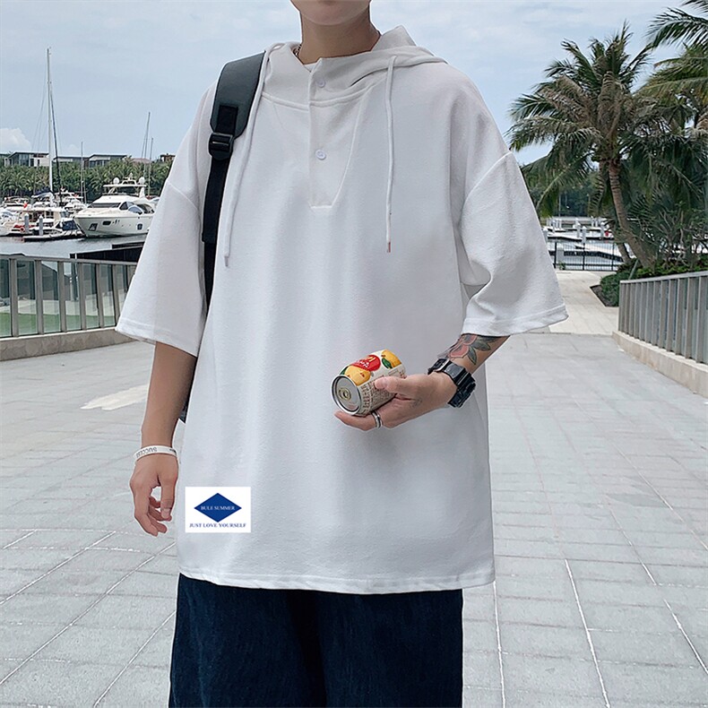 LD54061-P45连帽短袖t恤男大码胖子带帽五分袖中袖,男装T恤,电商A040