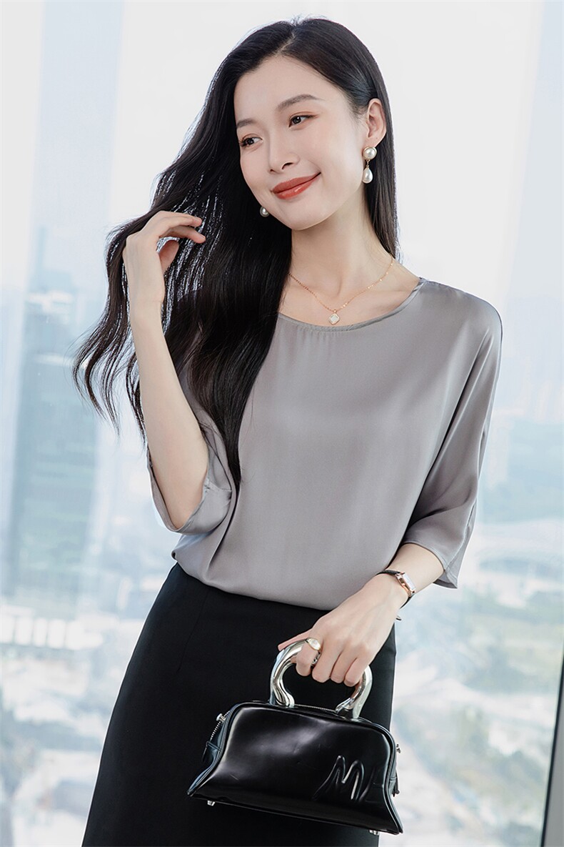 重磅圆领酒红真丝衬衫女五分袖2026春新款妈妈宽松大码真丝上衣,女装衬衫,阿舍尔精品
