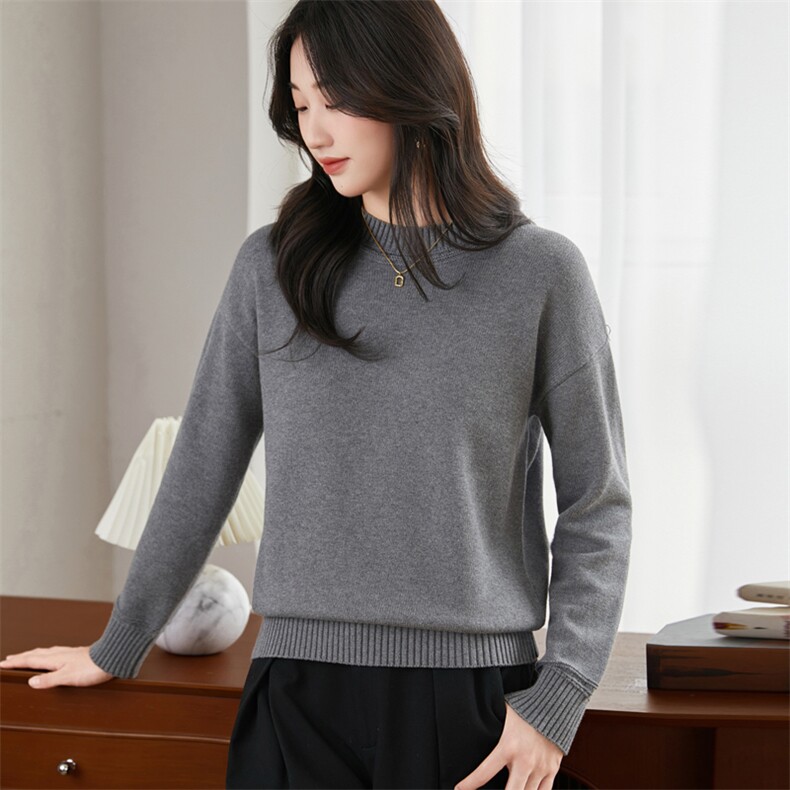 重磅加厚100纯棉针织衫女法式圆领毛衣2025新款宽松保暖打底上衣，女装针织衫/毛衣，彩羽羊绒