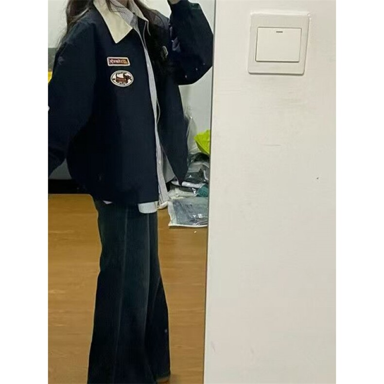 美式复古翻领飞行外套春季2025新款情侣宽松百搭设计棒球夹克上衣,男装夹克,四季星座505