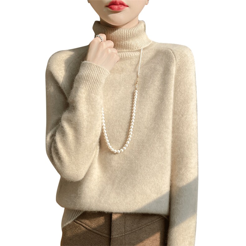 2024年秋季高领纯色时尚长袖简约百搭羊毛针织衫,女装羊毛衫,暖圣羊羊绒