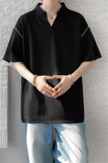 美式机车V领短袖T恤设计感T恤肩部拉链时尚设计短袖T恤半袖P48，男装T恤，电商B319