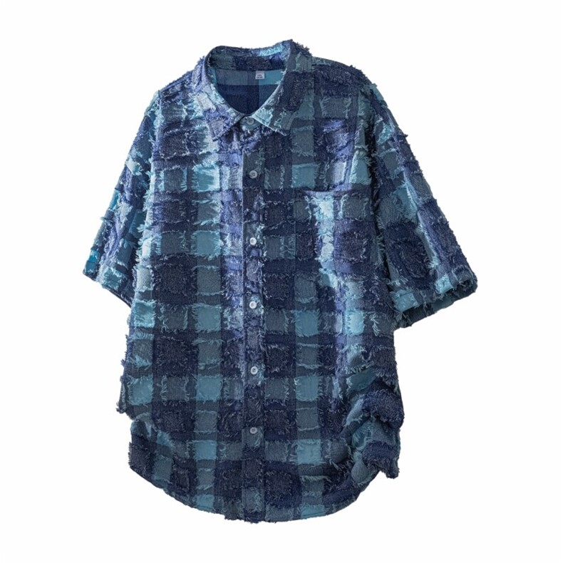 盐系男友风衬衫男小香风外套短袖上衣流苏格子衬衣夏季C2085-P45,男装衬衫,星座210-1