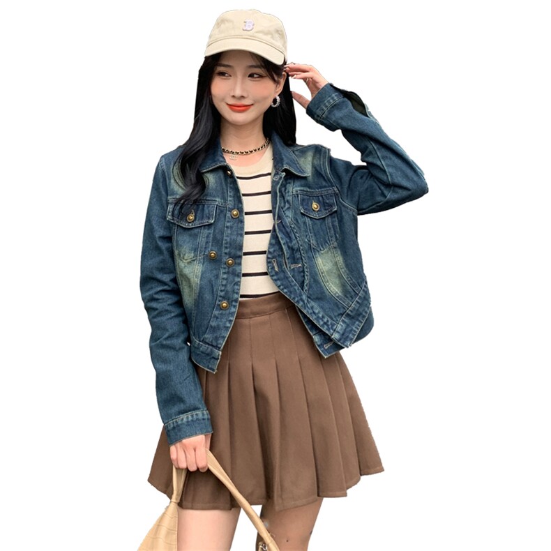美式复古炸街设计感做旧蓝牛仔外套女2024高级百搭休闲短夹克上衣,女装短外套,MQ
