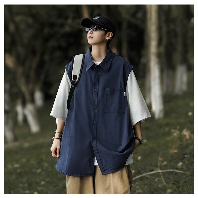 新款潮牌假两件短袖衬衫男装夏季日系复古高街宽松衬衣3022-p35图片