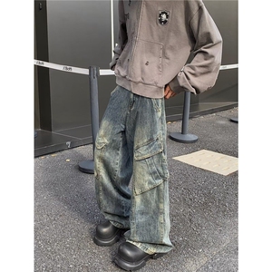 长裤自然腰工装裤工装牛仔裤大口袋宽松垂感阔腿裤常规蓝色纽扣图片