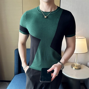 2024夏季新款修身圆领拼色提花针织衫毛衣打底衫男净版M06-p45图片