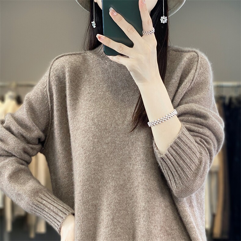 2024秋季新款长袖半高领休闲舒适羊毛套头衫,女装羊毛衫,恩尚羊绒