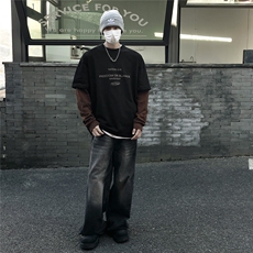 早秋新款280克纯棉圆领拼接印花长袖体恤T3075P55控78，男装T恤，电商A072