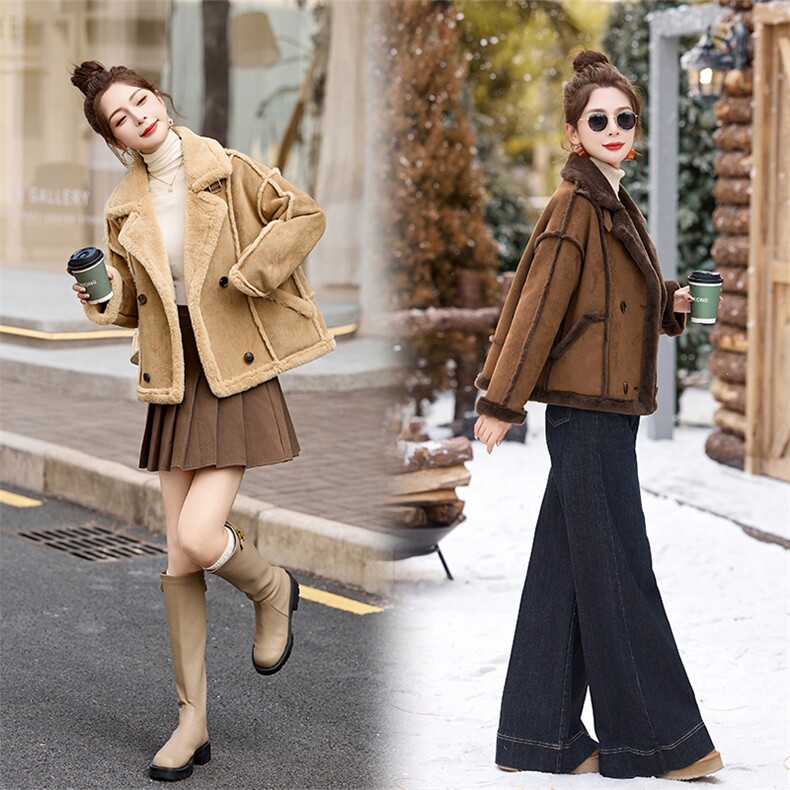洋气粉色皮毛一体羊羔毛外套女2024冬季加厚保暖鹿皮绒机车服夹克图片