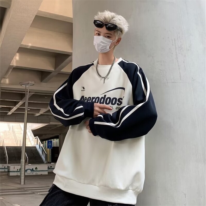 美式硬挺卫衣男秋季潮牌撞色无帽外套青少年条纹打底衫W28/P45,男装卫衣,星座506