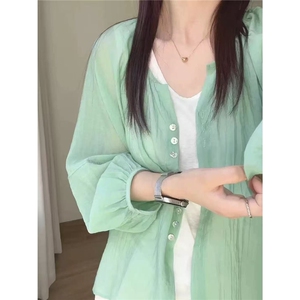 多巴胺绿色防晒衬衫女夏季薄款宽松遮肉圆领衬衣外穿开衫上衣图片