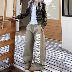 个性韩版字母印花弯刀牛仔裤女春秋新款宽松阔腿拖地工装牛仔裤子，男装牛仔裤，星座506A
