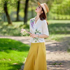 轻熟风时尚小翻领衬衫套装女2026夏气质绣花上衣阔腿裤两件套，女装套装/套裙，水衣源