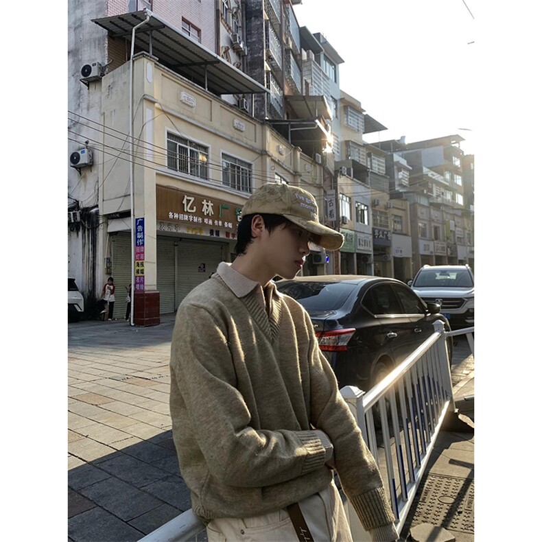 重磅北极绒假两件衬衫领毛衣美式高街复古休闲慵懒纯色翻领针织衫，男装针织衫/毛衣，电商A486-1