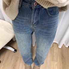 加绒牛仔裤女秋冬季窄版高腰显瘦直筒宽松浅蓝色梨型身材阔腿裤子，男装牛仔裤，星座506A