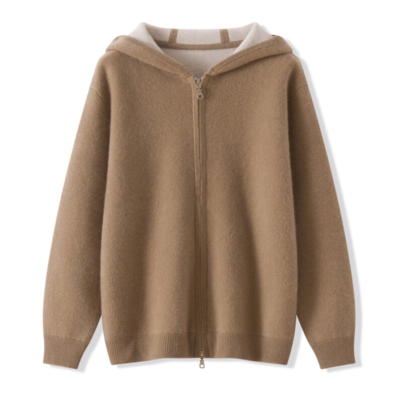 2025年秋季新款纯色针织连帽开衫时尚休闲，女装羊绒衫，昭美纯山羊绒