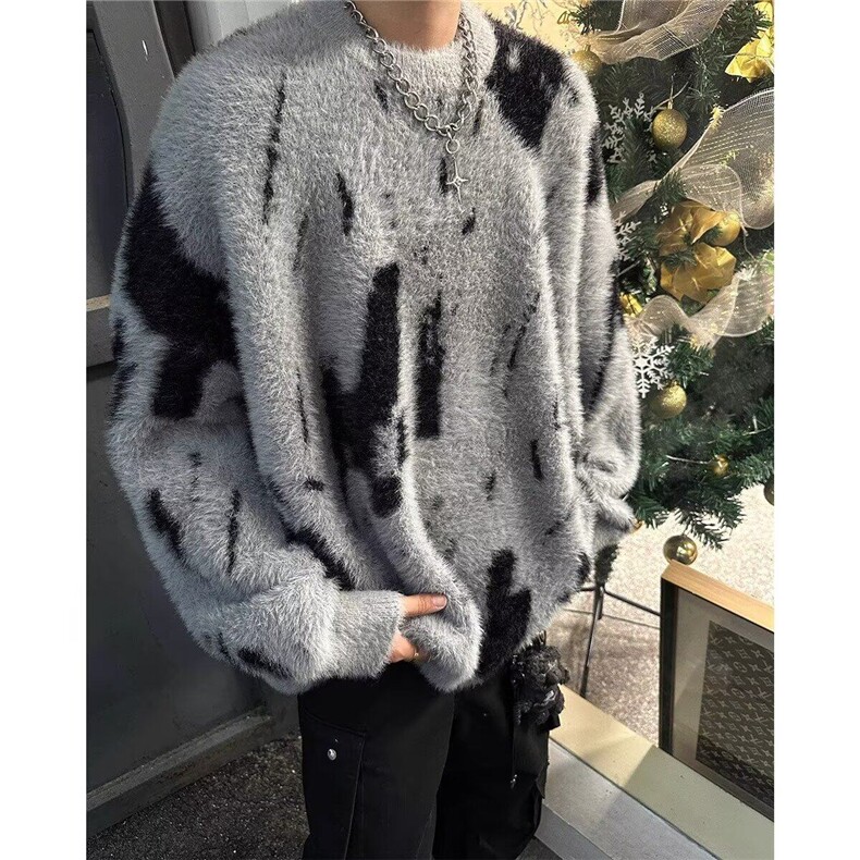 仿貂毛慵懒风秋冬毛衣男款小众设计感撞色圆领套头针织衫,男装针织衫/毛衣,星座506A