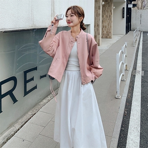 粉色蝴蝶结皮衣外套女2025春季新款超好看甜美减龄小个子圆领夹克图片
