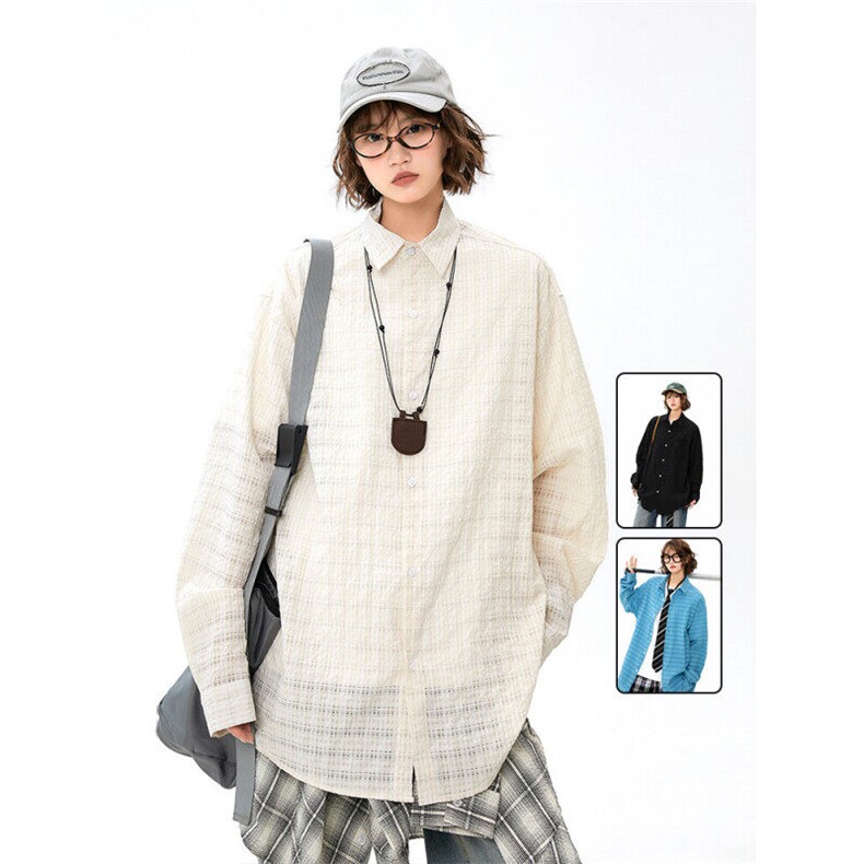 防晒肌理感蓝色格纹衬衫男女夏季新款宽松情侣外套上衣潮926P50，女装衬衫，星座710