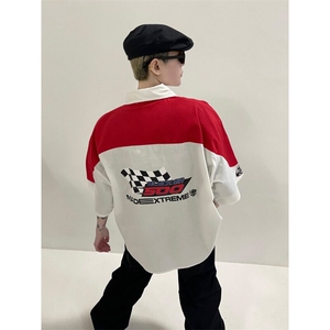 美式高街hiphop嘻哈赛车服短袖衬衫夏季潮牌机车POLO领短袖上衣图片