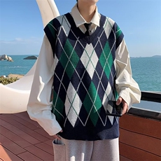 韩版复古休闲菱格毛衣背心男日系学院潮流格坎肩针织毛衣男MB33，男装针织衫/毛衣，星座1116A-1（原606A）