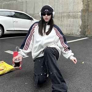 抖音得物高品质26春装美式高街重磅织带拼接撞色立领卫衣外套CM41图片