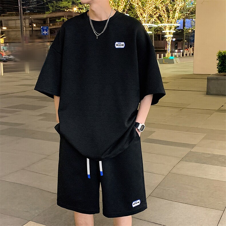 特批P50无差价纹理感华夫格大码两件套休闲运动短袖短裤套装TZ019，男装休闲套装，电商A001