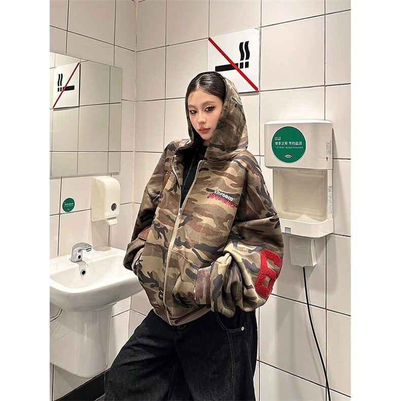 秋季新款迷彩开衫连帽运动衫男女美式宽松情侣外套潮WB490-P56,女装短外套,星座412-3