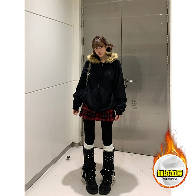 480G重磅加绒硬挺boxy秋冬美式高街超大毛领座山雕连帽卫衣厚外套,女装短外套,电商A486-1