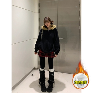 480G重磅加绒硬挺boxy秋冬美式高街超大毛领座山雕连帽卫衣厚外套