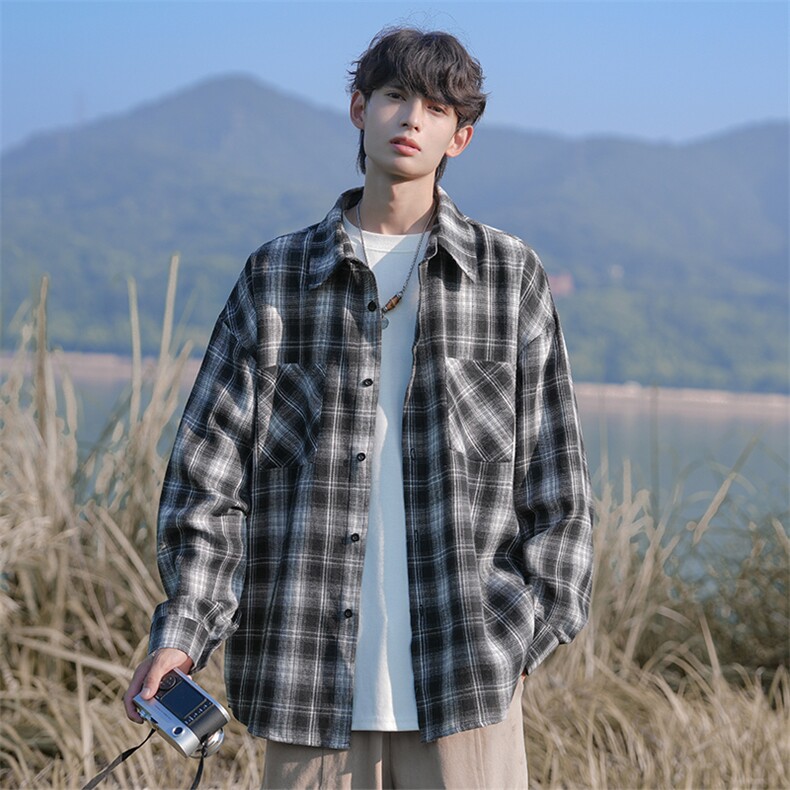 美式复古格子翻领长袖衬衫男秋季日系潮牌慵懒风宽松痞帅衬衣外套，男装衬衫，电商A001-1