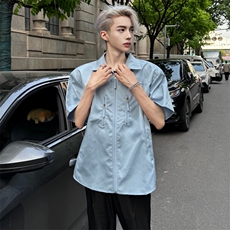 （自家图）浅蓝色拉链垫肩短袖衬衫男夏季款衬衣小众2301-P38，男装衬衫，星座910-5