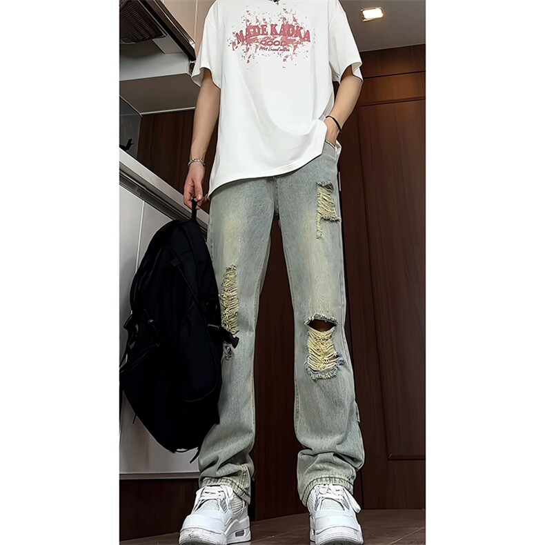 B221美式ins高街暗黑系小众拉链直筒破洞牛仔裤LK23073-P65控88,男装牛仔裤,电商B221