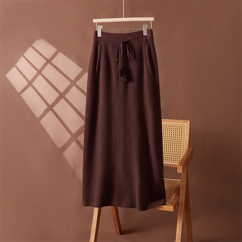 优雅女士羊绒半身裙35%羊绒简约时尚高腰显瘦百搭长款舒适保暖，女装半身裙，朵沐纯羊绒