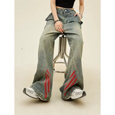 复古条纹撞色拼接做旧牛仔裤女宽松工装阔腿长裤男网图NT1731-P58，男装牛仔裤，星座302B