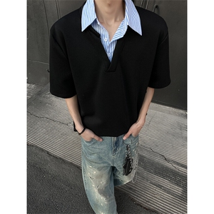T288-特批30无差价 280克夏季假两件衬衫领短袖潮牌宽松拼接T恤男图片