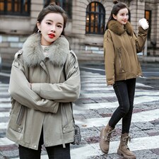 棉衣/棉服2021新款冬仿羊羔毛中长款工装棉服派克服女外套配毛领，女装派克服，瑶迪依秀