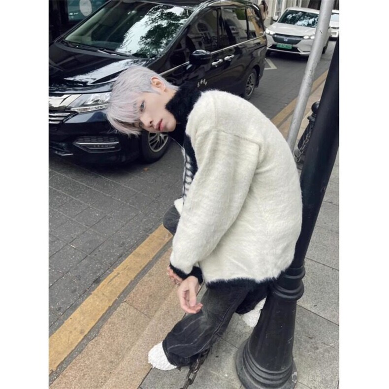 小众提花拉链开衫毛衣慵懒风马海毛针织衫外套MY57特P61,男装针织衫/毛衣,星座908-1