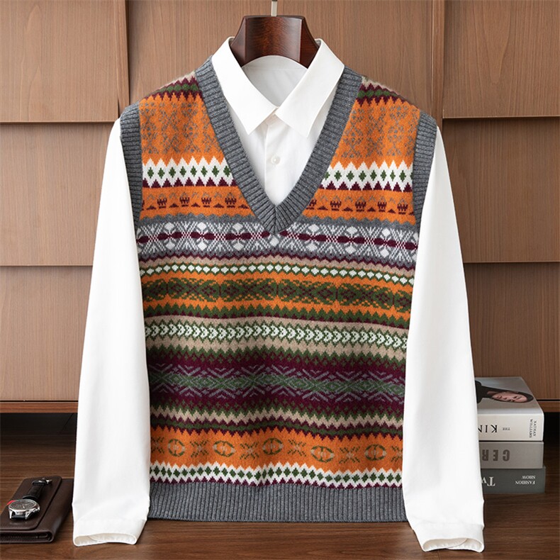 2025年秋季V领直筒型青春流行时尚百搭通勤马甲，男装背心/马甲，伊雪娇羊绒