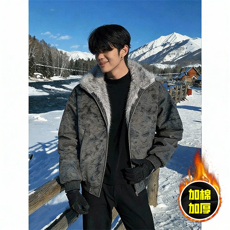 现货高品质美式高街重磅座山雕毛毛领pu皮棉衣男女加厚棉服冬外套，男装皮衣，电商A486