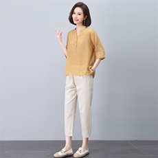 妈妈棉麻衬衫短袖女夏季时尚两件套2024新款中老年洋气阔腿裤套装，女装套装/套裙，希欧阁