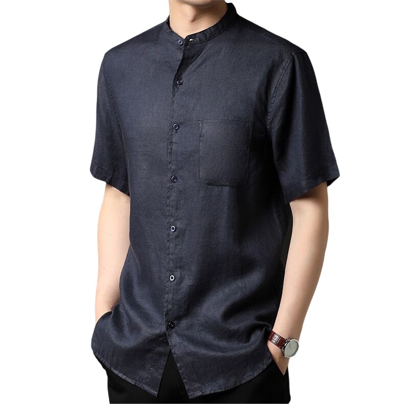 纯亚麻衬衫男短袖薄款免烫夏季中年男士休闲中式衬衣风男装,男装衬衫,电商B212（原钱塘6029）