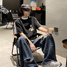 抖音得物高品质二开240克宽松纯棉美式潮牌三条杠织带短袖T恤，男装T恤，电商A486-1