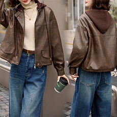 皮衣女款2024冬季加绒酷飒风洋气针织帽减龄穿搭时尚流行短款上衣，女装皮衣，江南女神
