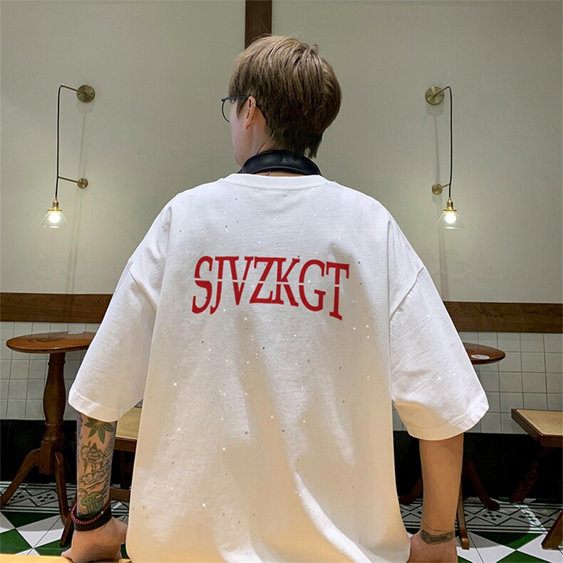 可48小时发货支持抖音得物来样二开美式满天星亮片短袖T恤MTX726,男装T恤,电商A486